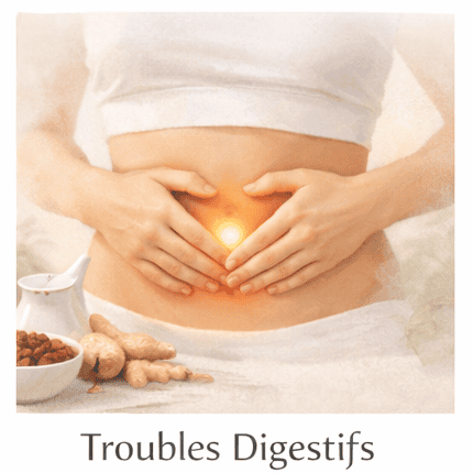 Troubles digestifs, soulagement naturel, alimentation saine, bien-être intestinal, soins holistiques.